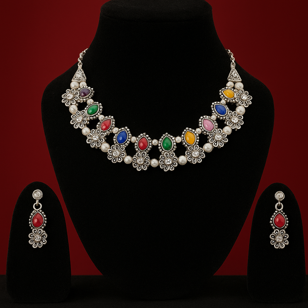 Trendy multicolour necklace set with earring