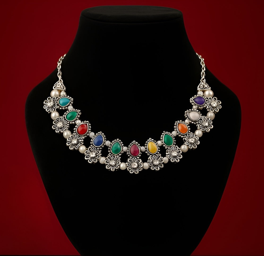 Trendy multicolour necklace set with earring