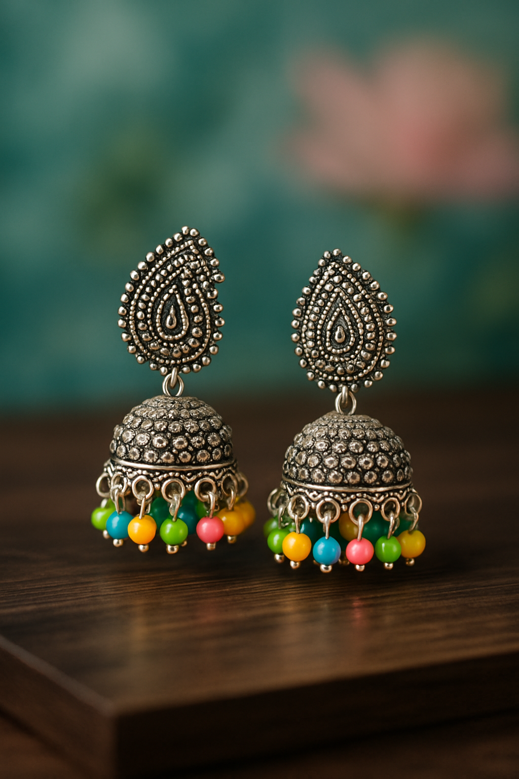 Multicolour Silver Jhumka